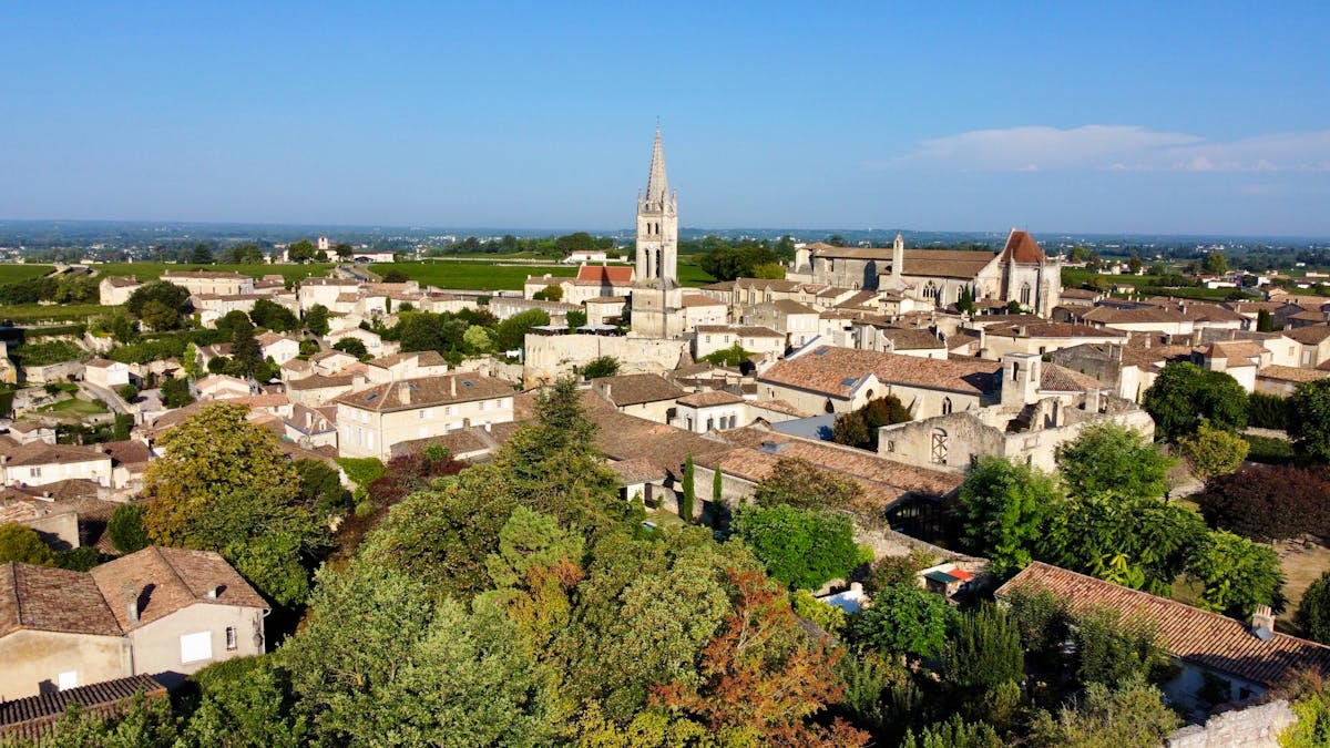 Bird eye view of Saint-Emilion showing Gothic architecture surrounded by vineyards in the Bordeaux region