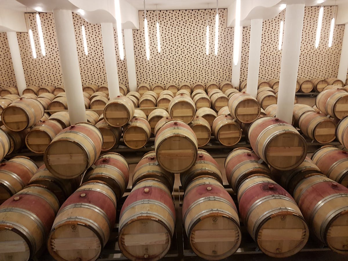Oak wine barrels stored in an underground cellar in Saint-Emilion wine region France