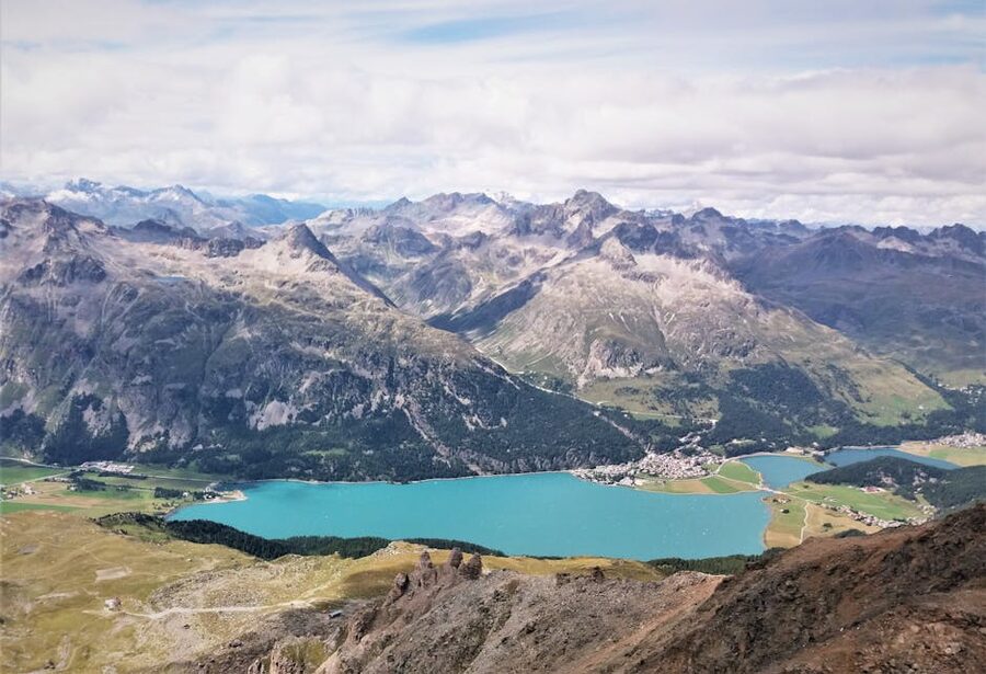 Saint Moritz aerial view mountains and lakes