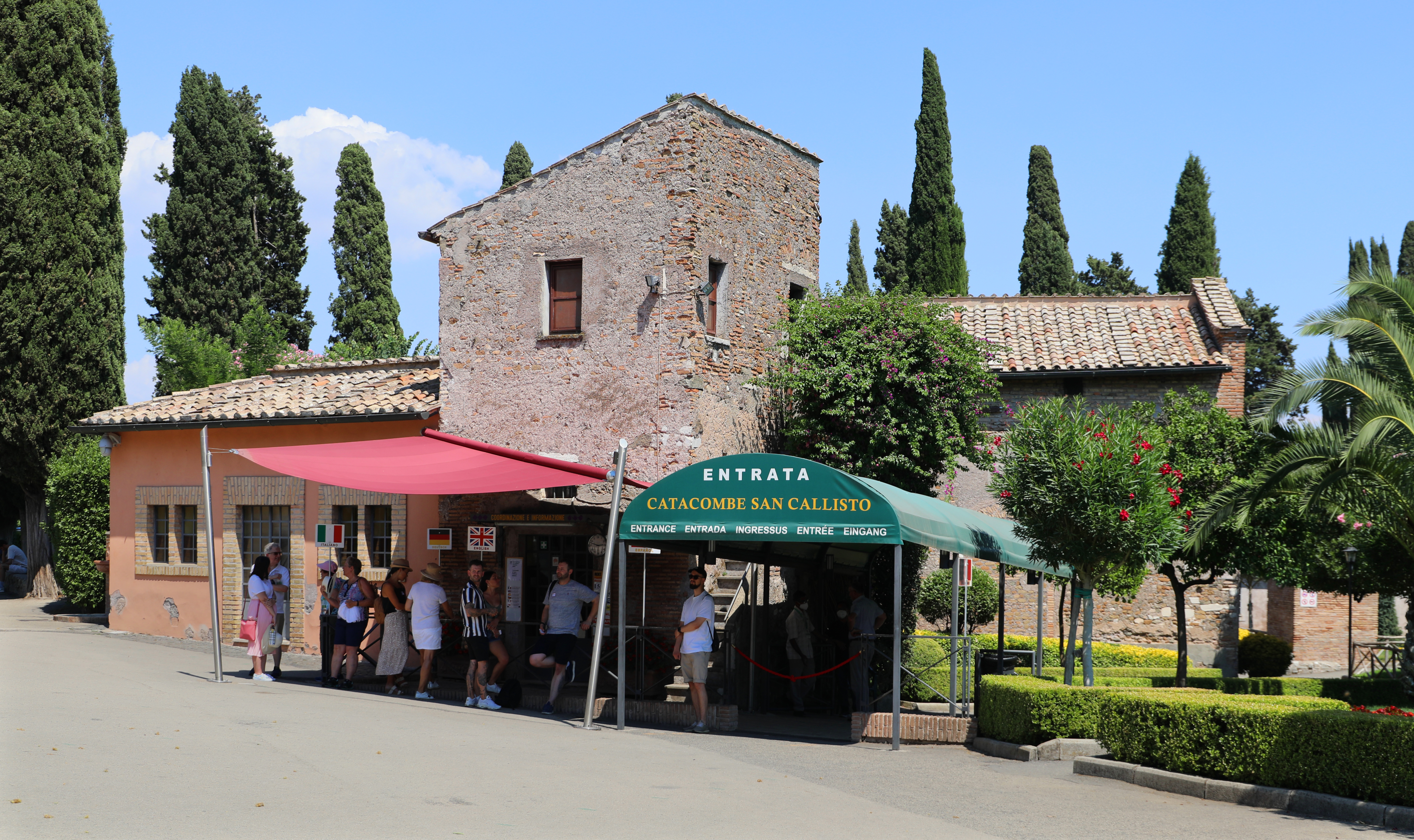 The tree-lined entrance grounds to the Catacombs of San Callisto in Rome