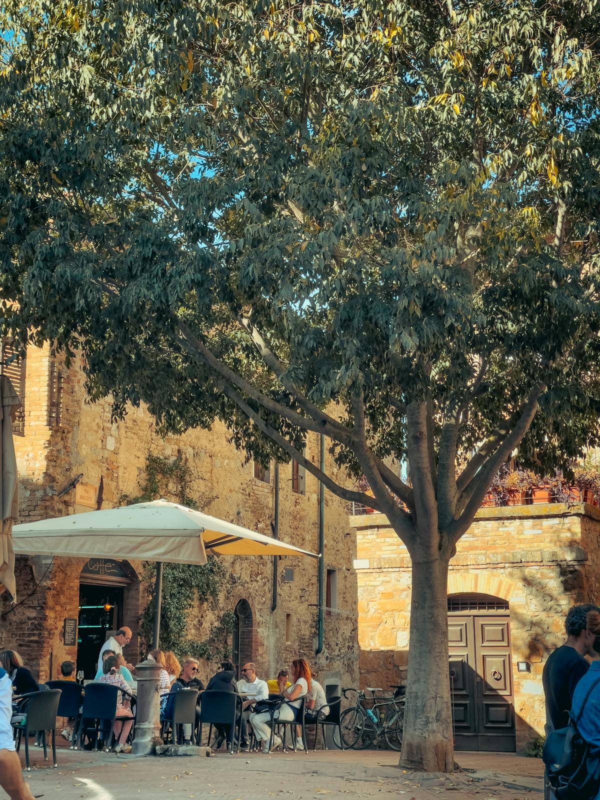 People relaxing at an outdoor cafe in San Gimignano on a sunny afternoon
