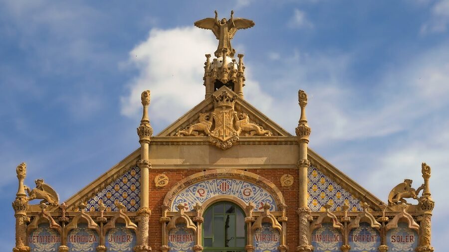 Close-up of intricate architectural features at Sant Pau in Barcelona