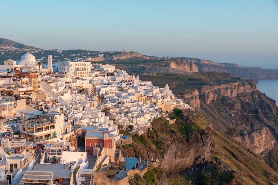 Santorini aerial cliffs buildings