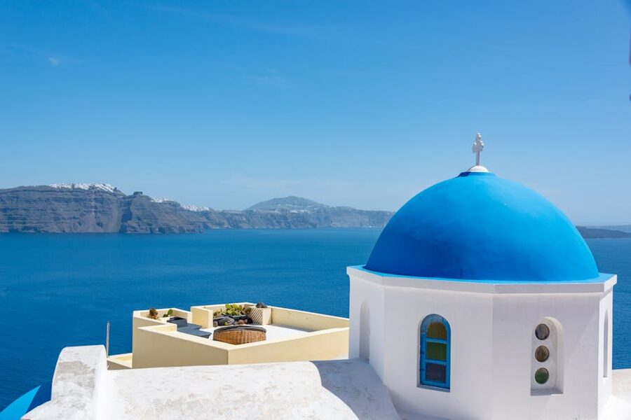 Santorini blue dome church Aegean