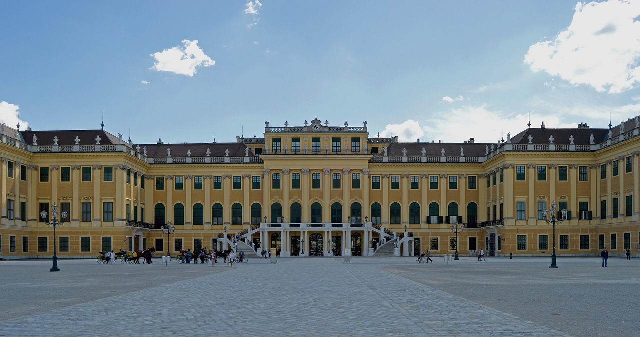 Side view of Schonbrunn Palace showing the baroque architecture and gardens