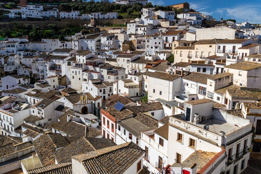 Aerial view of the white-washed hillside town of Setenil de las Bodegas in Andalusia