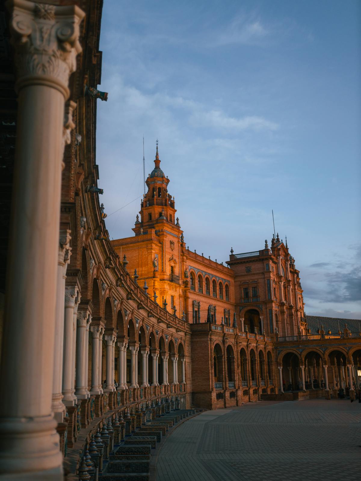 Plaza de Espana in Seville bathed in warm sunset light