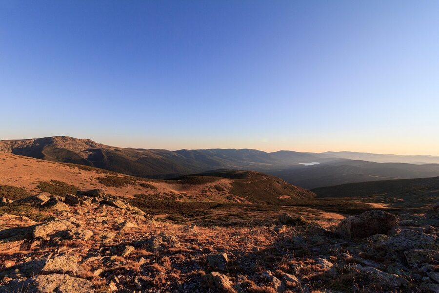 Sunrise over Sierra de Guadarrama mountains near Madrid with mountain valley view