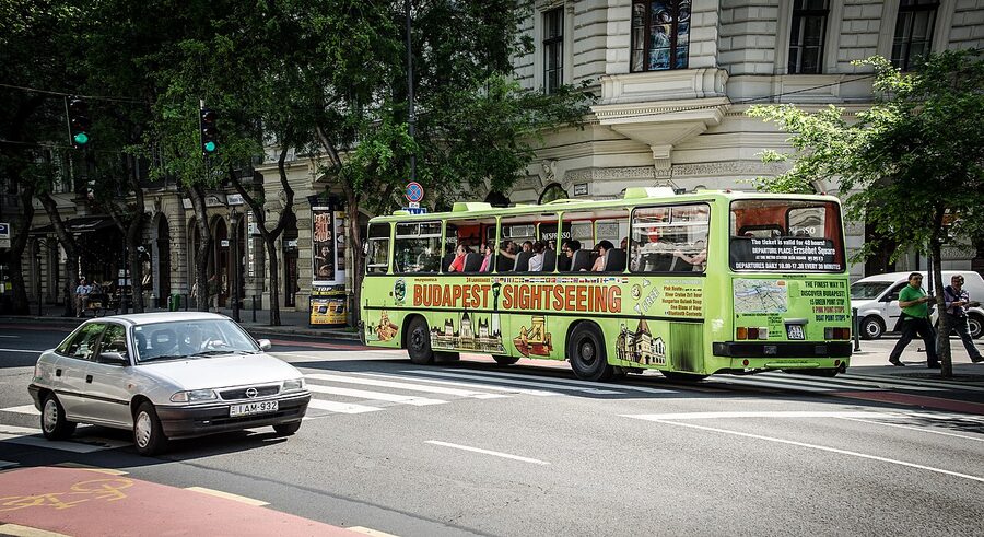Sightseeing bus on Andrassy Avenue Budapest
