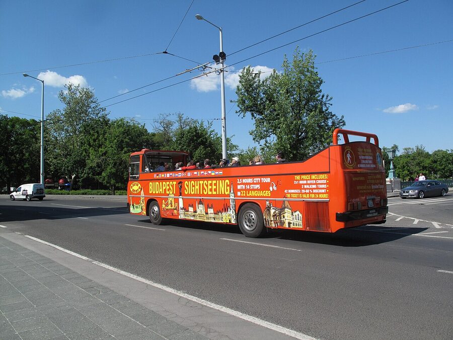 Hop-on hop-off sightseeing bus parked at Heroes Square Budapest