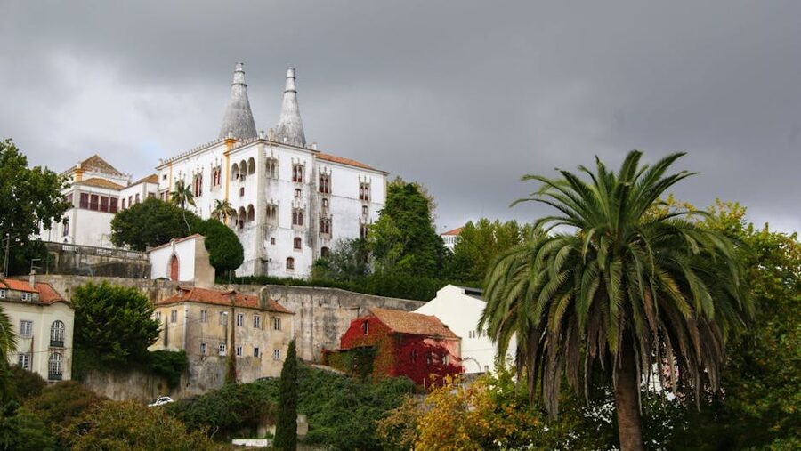 Sintra National Palace with its iconic chimneys seen from above