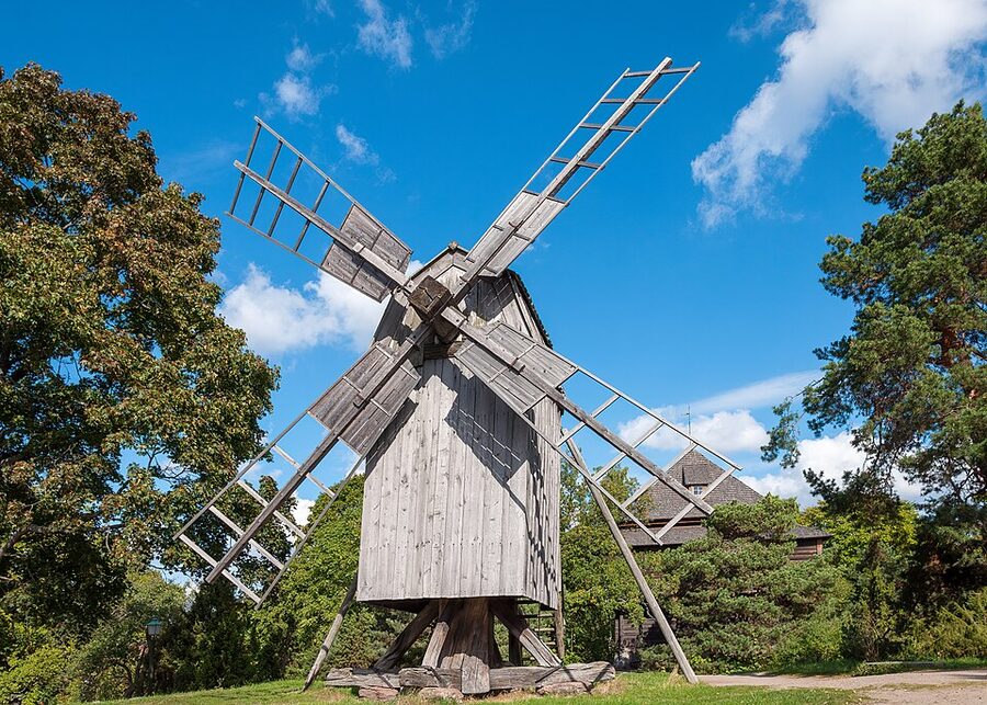 Historic Swedish windmill at Skansen with wooden construction
