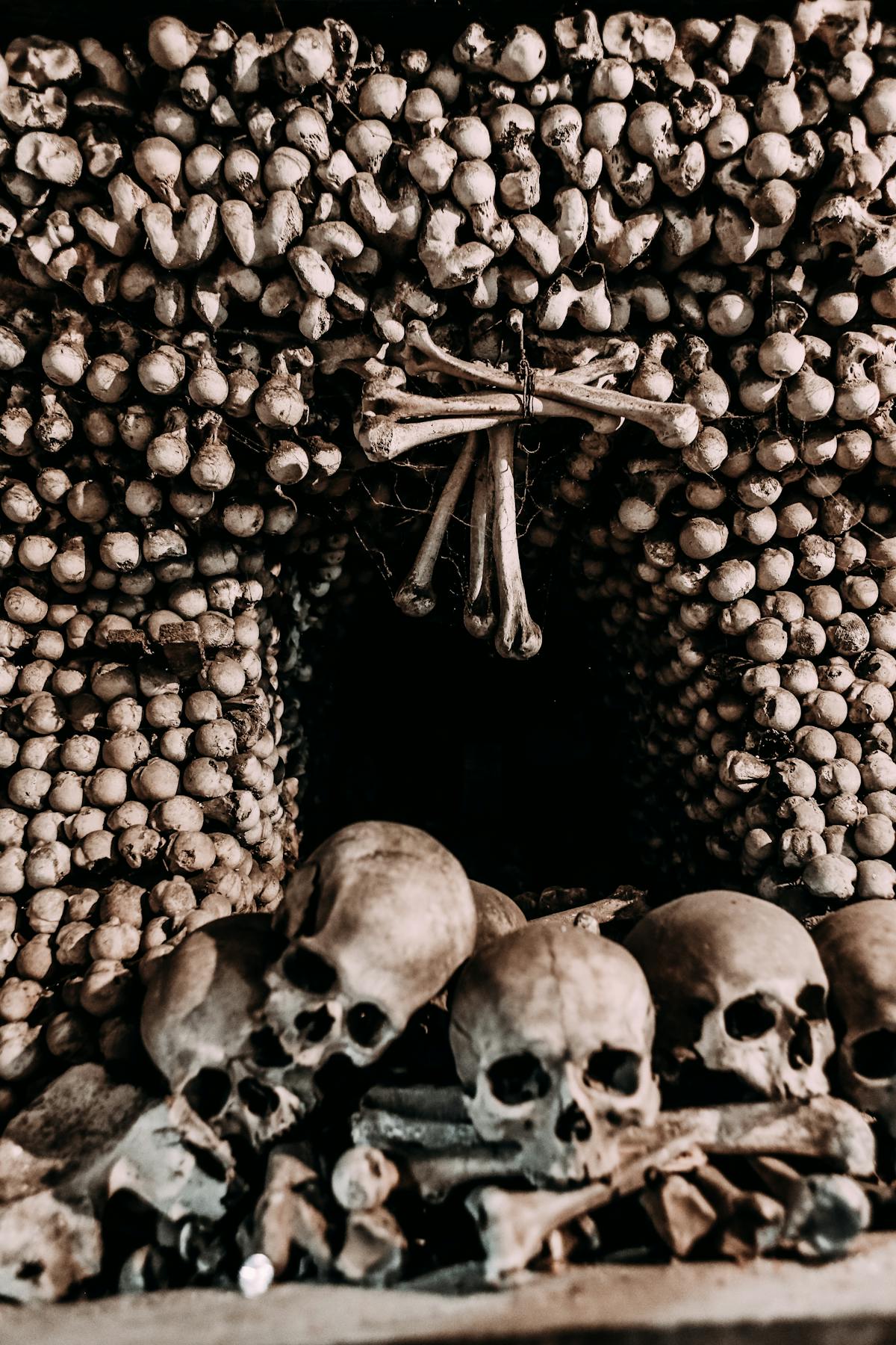 Skulls and bones forming a wall in a dimly lit crypt
