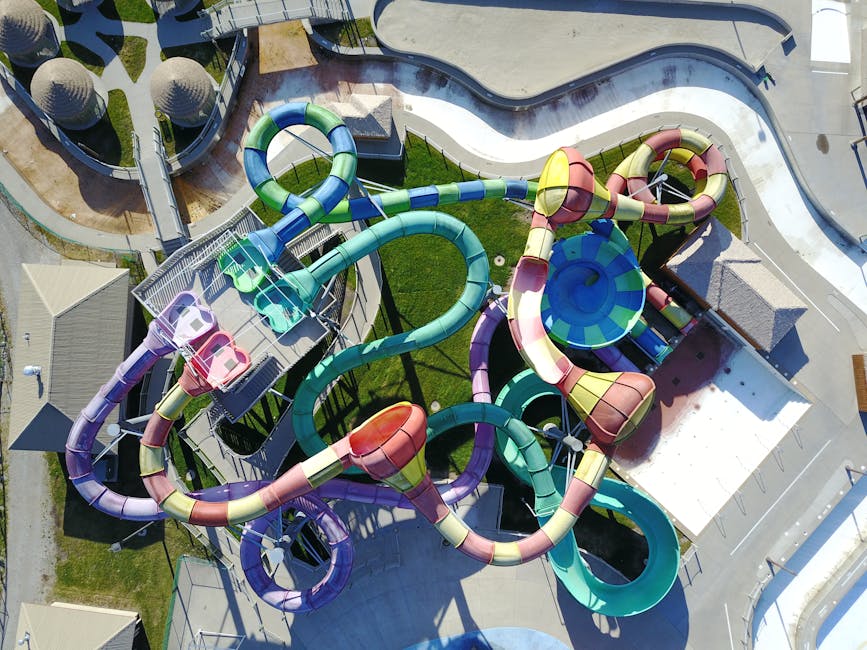 Aerial view of winding water park slides