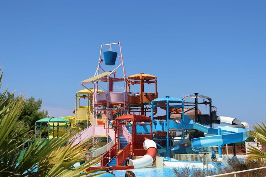 Water park slides in summer sunshine
