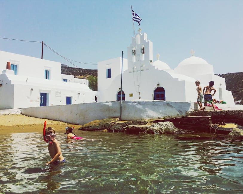 Snorkeling near white church Greek island