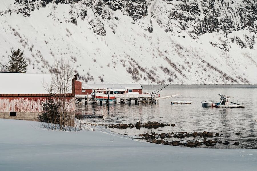 Snowy Arctic fishing harbor with cliffs