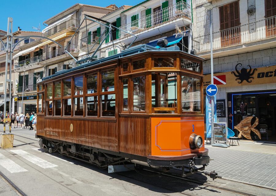 Vintage wooden tram on the streets of Soller in Mallorca