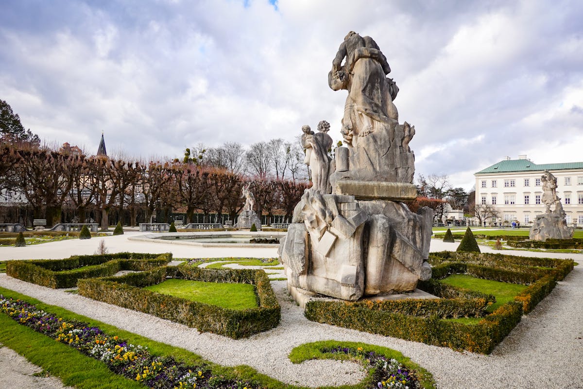 Baroque statues and manicured gardens in Salzburg Austria