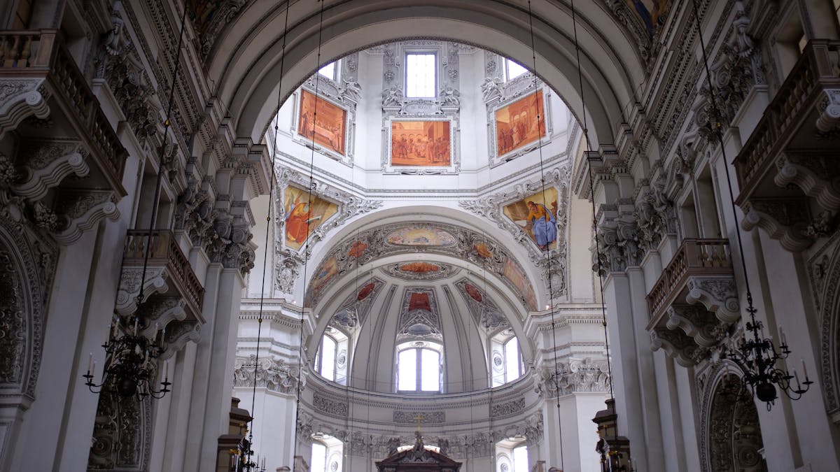 Interior of Salzburg Cathedral showing baroque dome with ornate frescoes
