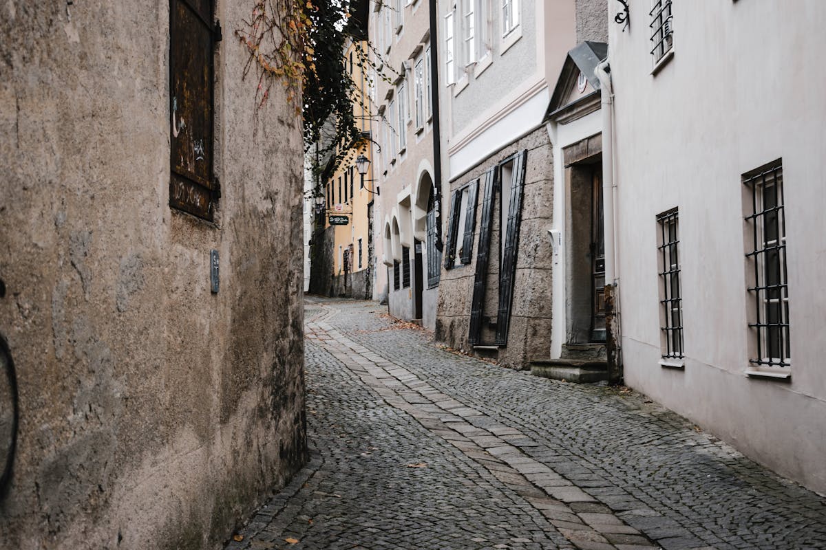 Charming cobblestone street in the historic old town of Salzburg