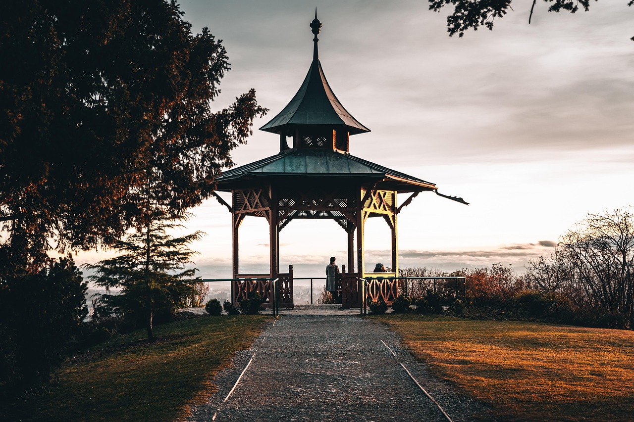 Glass gazebo pavilion in the gardens at Hellbrunn Palace Salzburg, a famous Sound of Music filming location