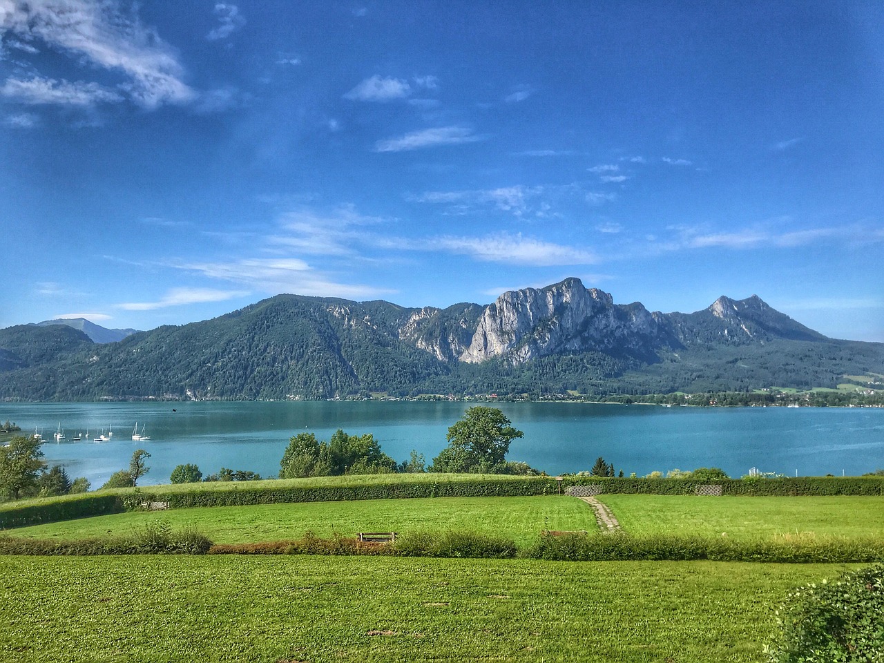 Mondsee Lake surrounded by mountains in the Salzkammergut lake district Austria