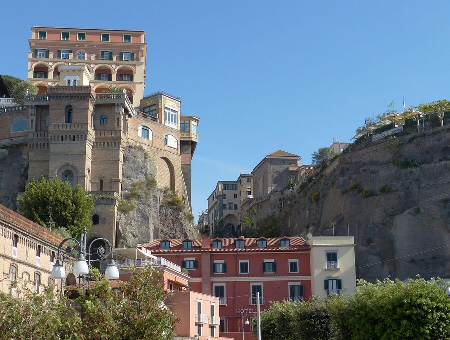 Sorrento coastline with terraced buildings and gardens overlooking the Mediterranean