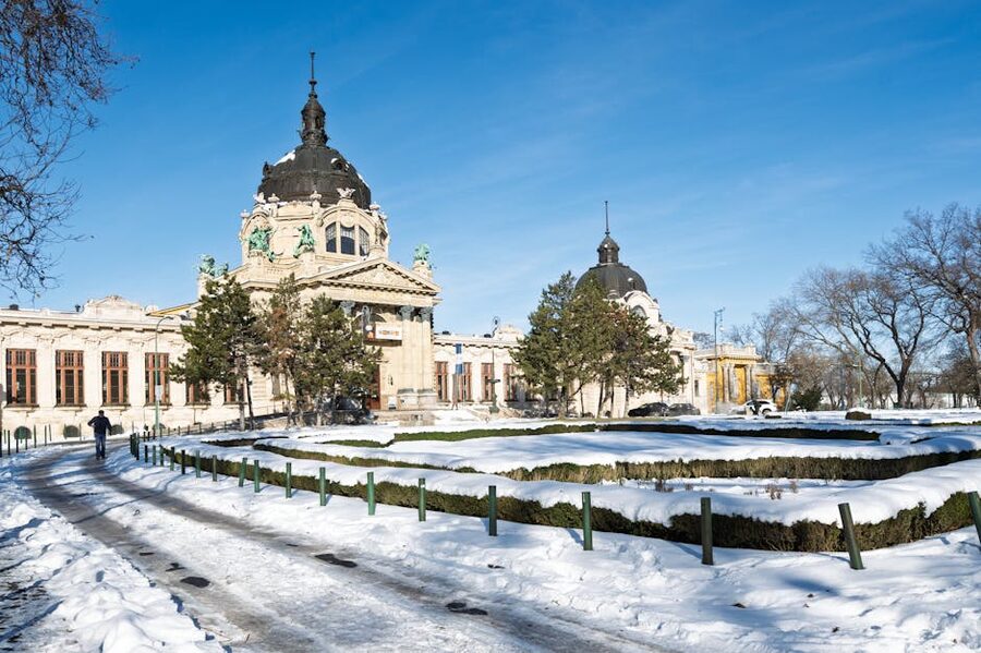 Snowy winter view of Szechenyi Thermal Bath in Budapest