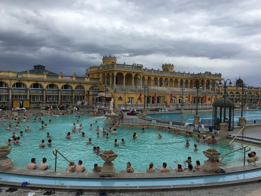 Szechenyi spa yellow neo-baroque facade, Budapest