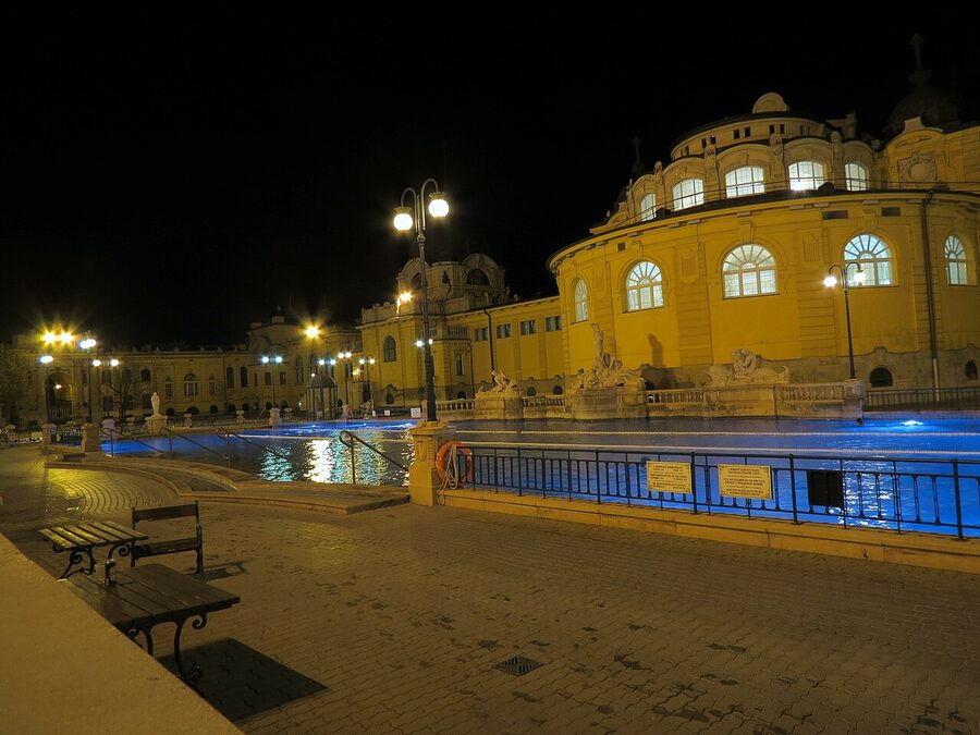Szechenyi thermal bath illuminated arches at night, Budapest