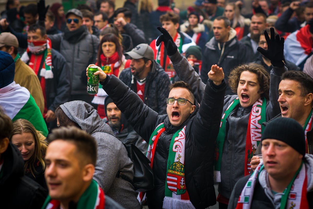 Football fans cheering with scarves at outdoor sports event