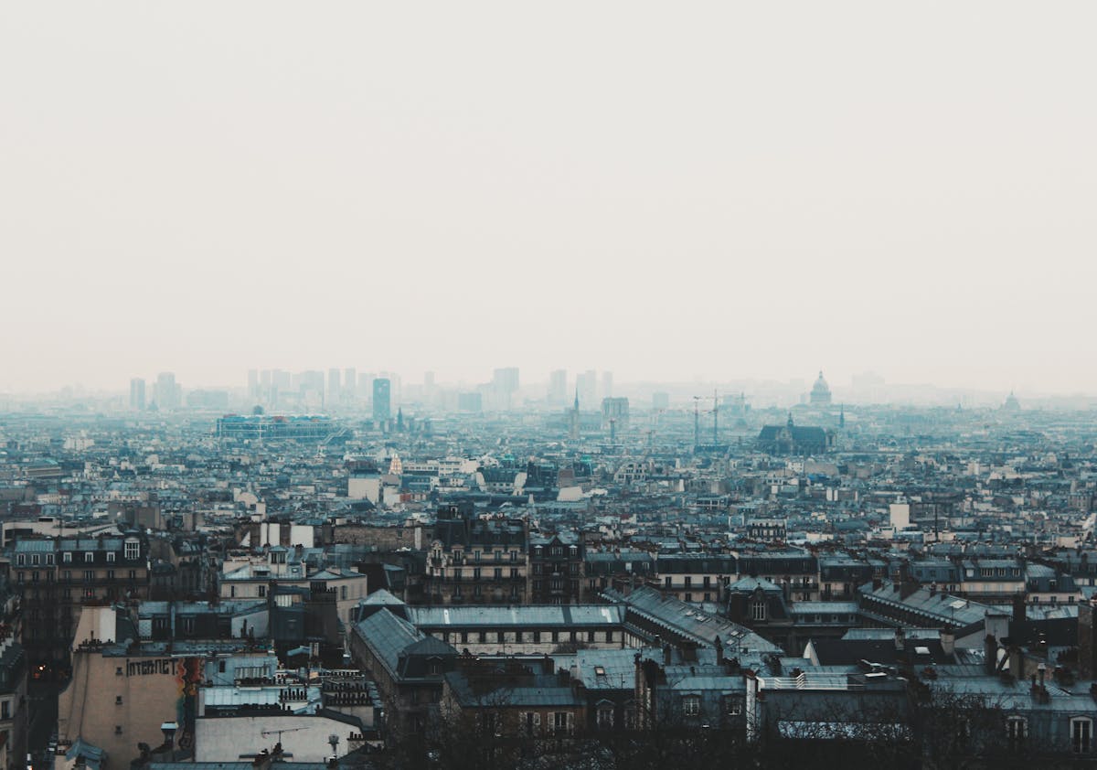 Aerial view of Paris skyline at twilight