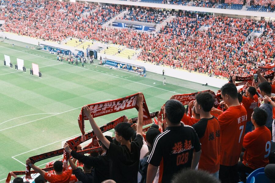 Football fans waving scarves and cheering during a match