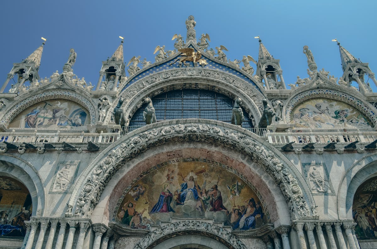 Detail of sculptures and carvings on St Marks Basilica facade Venice