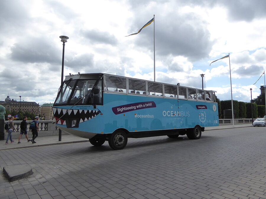 Ocean Bus amphibious vehicle on Norrbro near Royal Palace Stockholm