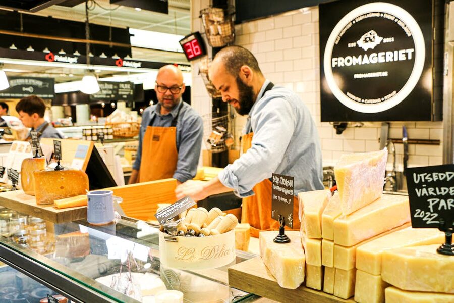 Cheese counter at Fromageriet inside Stockholm market