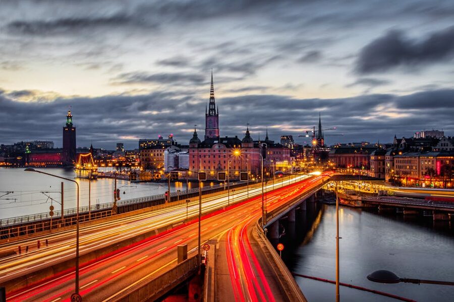 Centralbron Stockholm illuminated at night