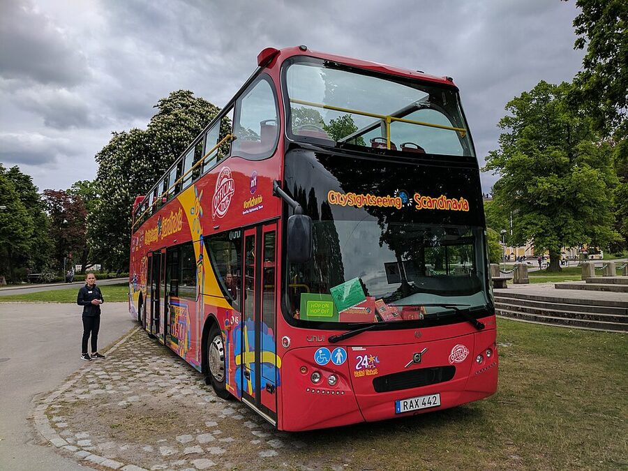 City Sightseeing red double-decker open-top bus in Stockholm