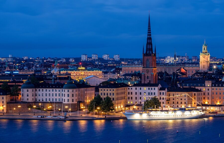 Illuminated Stockholm cityscape from the water
