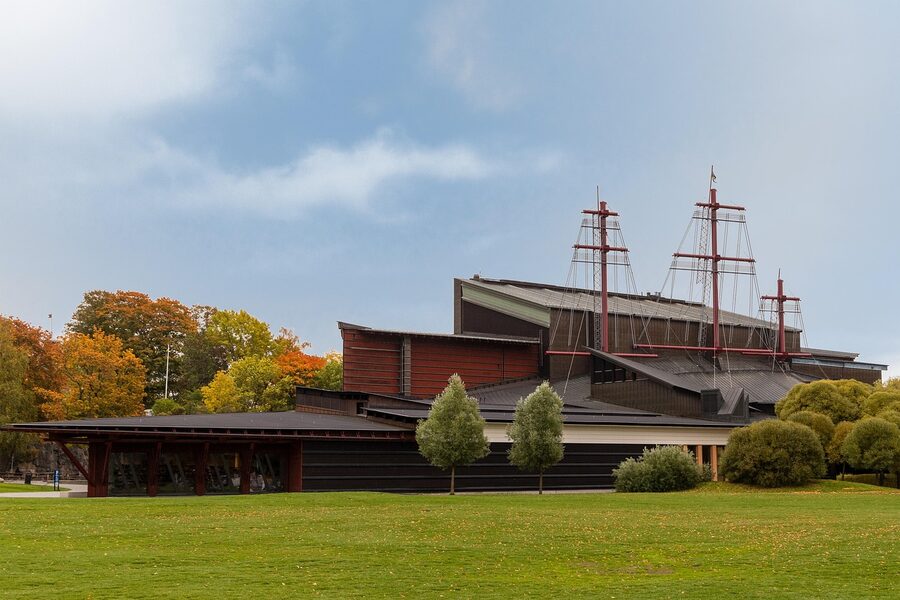 Vasa Museum exterior in Stockholm with masts visible above the roof