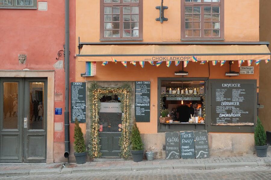 Colorful cafe facade at Stortorget square in Stockholm Old Town
