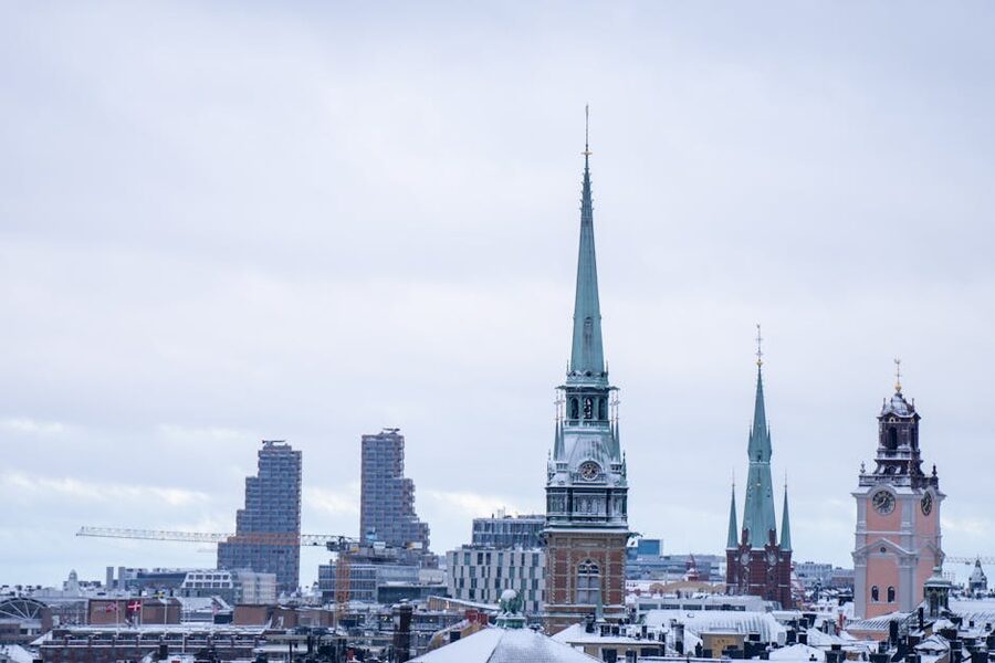 Stockholm winter cityscape with snowy spires