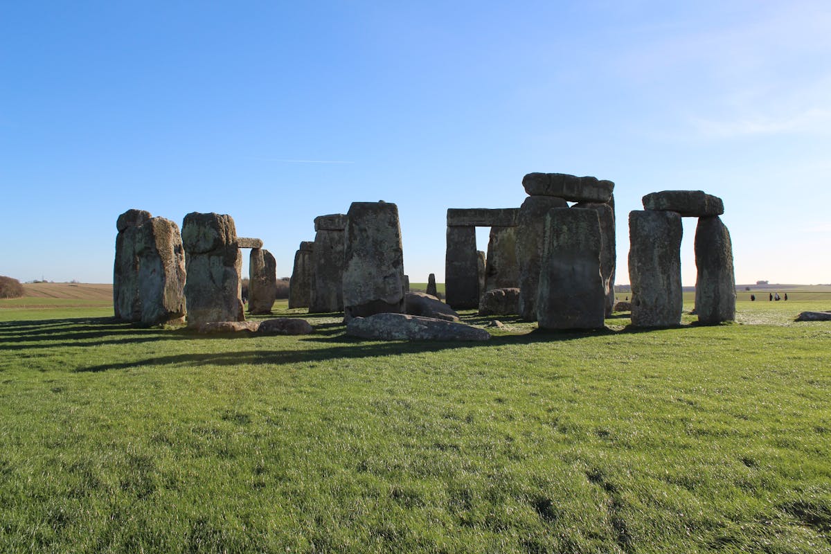 Stonehenge megalithic stones on a sunny day with clear blue skies