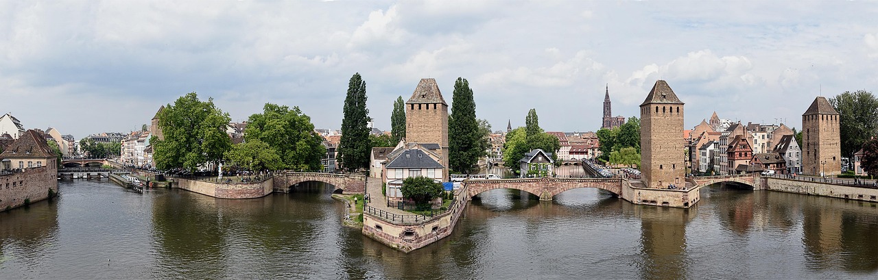 Panoramic view of Strasbourg covered bridges over the Ill river