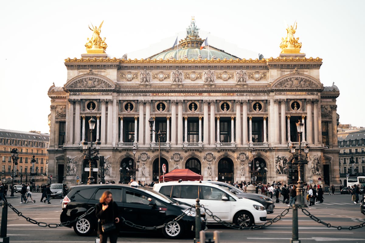 Street scene with the Palais Garnier opera house and surrounding Parisian architecture
