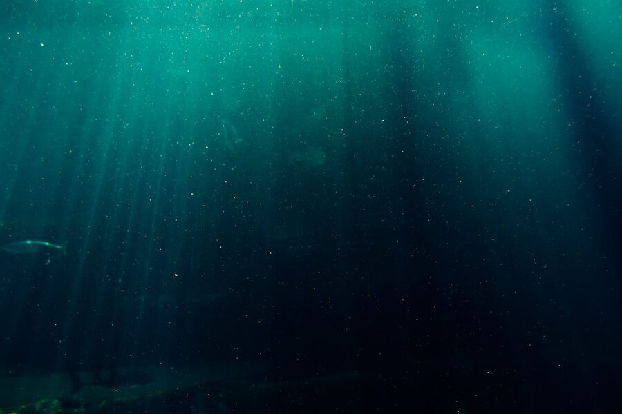 Dramatic underwater scene with sunlight filtering through blue ocean water