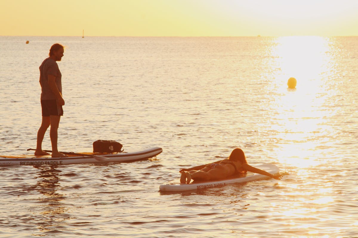 Two people paddleboarding on the ocean during a golden sunset
