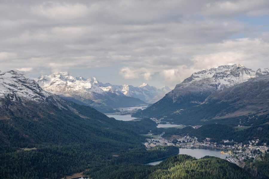 Aerial view of Swiss Alps overlooking St Moritz valley