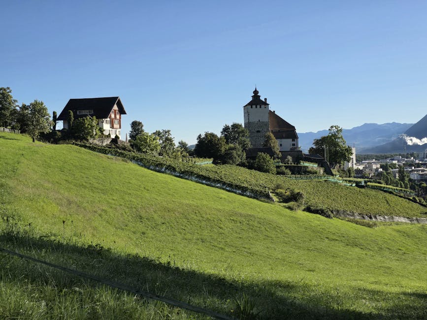 Swiss castle in Grabs countryside green fields